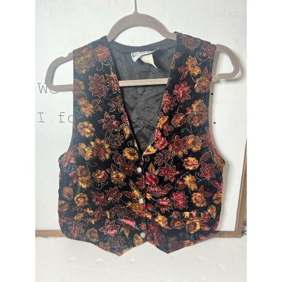 Bonkers Tops - Bonkers Velvet Vest Floral Colorful Black Flowers M  Retro Whimsical    N